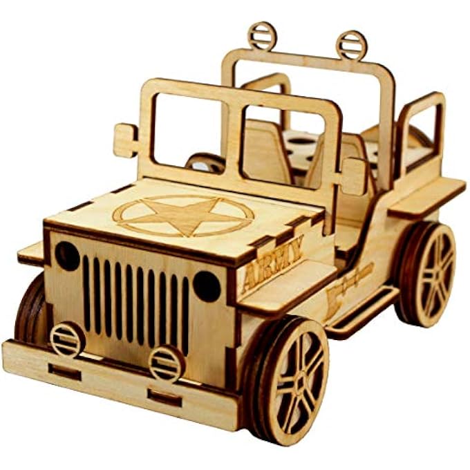 WOODEN 3D PUZZLE MILITARY JEEP - DESK ORGANIZER, PEN STAND, CARD HOLDER - EASY TO ASSEMBLE - Image 1